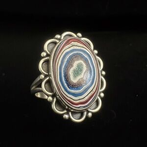 Elegant sterling Silver and Rainbow Calsilica‎ Statement Ring